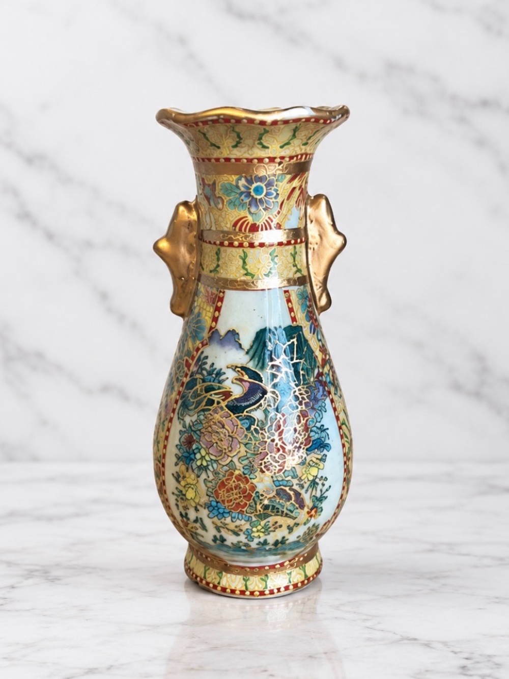 Antique Satsuma Style Hand Painted Porcelain Bud Vase
